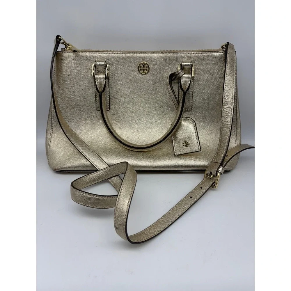 Tory Burch Robinson Satchel Medium Gold Metallic Saffiano Leather Bag